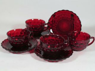 Anchor Hocking " Bubble " Ruby Red Glass Set 4 Cups & Saucers Xlnt 1934 - 65