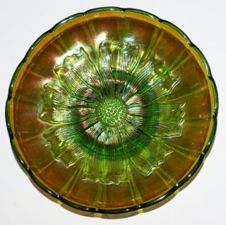 Millersburg Sunflower Pattern Carnival Glass Bowl In Green 6.  25 " Diameter 1 " H