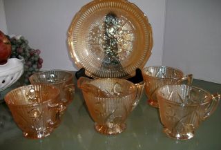 1940s Iris & Herringbone Iridescent Marigold - 4 Cups,  Creamer,  And Bowl