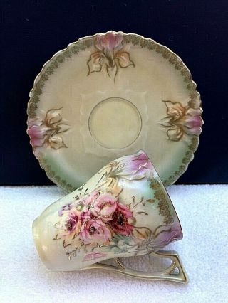 Rs Prussia " Iris " Mold 628 Floral Demitasse Chocolate Cup Saucer Set Red Mark