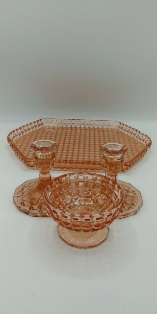 Pink Depression Glass Vanity Tray 2 Candle Holders 1 Small Candy Dish Diamond