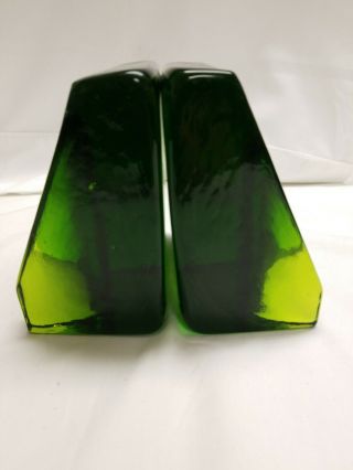 Pr Vintage Modern Blenko Art Glass Dark Green Half Moon Bookends Weight 7,  Lbs.