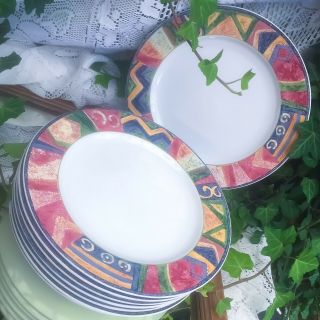 8 Pc Furio Mesa Sakura Malaga Dinner Plates Multi Color Geometric Pattern 10.  75”
