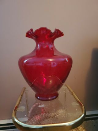 Fenton Red Optic Large Vase With Ruffled Top 11 X 9