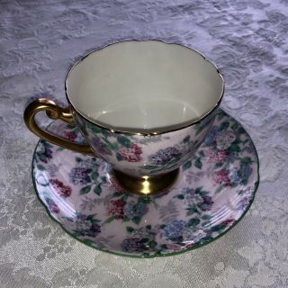 Antique Shelley Pink Summer Glory Chintz Ripon Footed Cup & Saucer Gold Trim