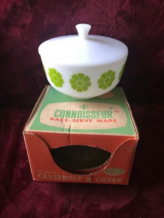 Vintage Federal Glass Green Daisies Covered Casserole 2.  5 Quart Mcm Bowl W/box