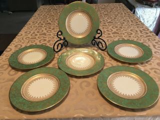 Set Of 6 Vintage Davis Collemore & Co Ltd Green & Gold Decorated Plates 8 3/4 "