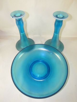 Fenton Glass Blue Stretch W/ 2 Candle Stick Holders Iridescent Carnival
