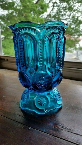 Moon & Stars Blue Glass Celery Vase Spooner Pedestal Base Vintage