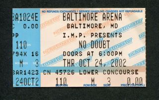 2002 No Doubt Concert Ticket Stub Baltimore Gwen Sefani Rock Steady