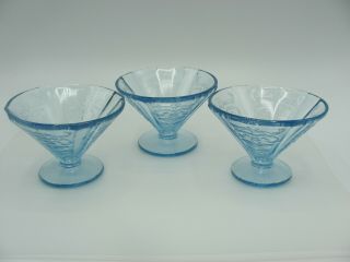 Federal Glass Sherbet Cups Dishes Blue Madrid Pattern Set Of 3 Footed 2.  75”