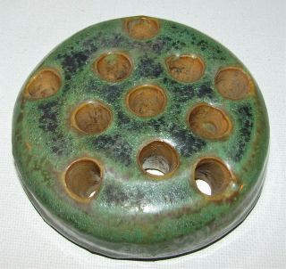 Vintage Signed Fulper Art Pottery Flower Frog Oxidized Green Lg 11 Hole