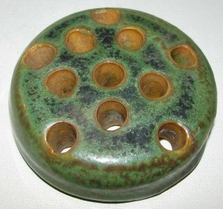 Vintage Signed Fulper Art Pottery Flower Frog Oxidized Green Lg 11 Hole 2