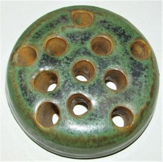 Vintage Signed Fulper Art Pottery Flower Frog Oxidized Green Lg 11 Hole 3