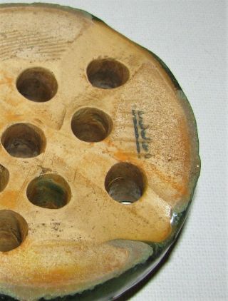 Vintage Signed Fulper Art Pottery Flower Frog Oxidized Green Lg 11 Hole 6