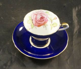 Aynsley Fine Bone China Cup And Saucer Cobalt Blue With Big Rose In Bowl
