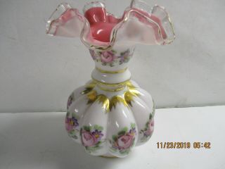 Fenton Carlton Peach Vase With Silver Crest,  Hand Painted Rose Flowers