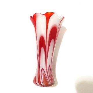 Hand Blown Red White Swirl Glass Vase 10.  25 Handmade