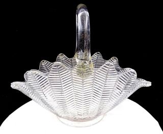 L E Smith Pressed Glass Feather / Fern / Herringbone Clear 13 3/4 " Basket 1940 