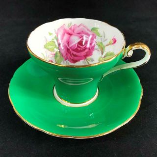 Vintage Aynsley Large Cabbage Rose Corset Green Cup And Saucer 957
