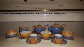20 PIECE LUSTERWARE PORCELAIN COFFEE/TEAPOT SET MADE IN JAPAN PEACH AND BLUE 3