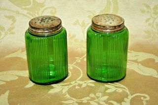 Antique Dark Green Art Deco Ribbed Depression Glass 4 " Salt & Pepper Shakers