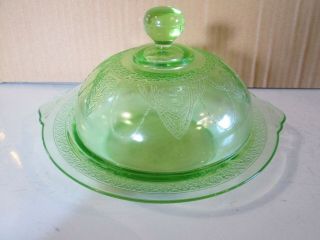 Green Georgian Lovebirds Covered Butter Dish Depression Glass Federal