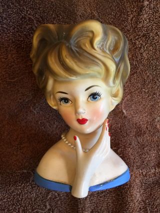 Vintage Lefton Lady Head Vase Hand To Face Pearl Necklace Nr