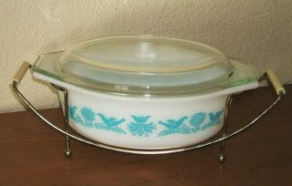 Rare Vintage Pyrex Blue Birds & Flowers Casserole W/lid & Cradle Shape