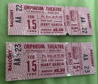 Two (2) Jerry Garcia Ticket Stubs Orpheum Theatre Boston 2/15/1980