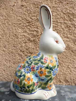 Boleslawiec Polish Pottery Bunny Figurine Hand - Painted Floral Motif