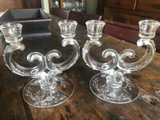Pair Fostoria Glass Century Heather Etched Double Duo Candle Holders Exc