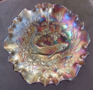 Rare Millersburg Big Fish Amethyst Carnival Glass 9 " Bowl