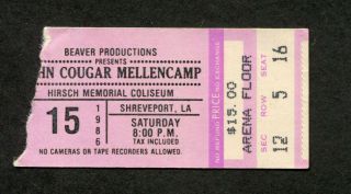 1986 John Cougar Mellencamp Concert Ticket Stub Shreveport Scarecrow