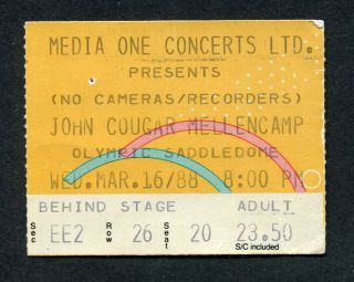 1988 John Cougar Mellencamp Concert Ticket Stub Calgary Canada Lonesome Jubilee