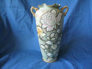 Antique Nippon Moriage Handled Vase.  Hand Painted,  Maple Leaf Mark