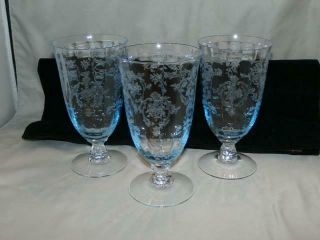 3 Fostoria Blue Navarre Footed Iced Tea Tumblers 327 Etching Wilma Blank 5 7/8 "