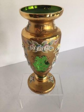 Vintage Bohemian Czech Green Glass Vase Hand Painted Floral Enamel Gold Orig Tag