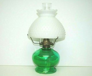 Vintage Green Glass Hurricane Lamp With Hobnail Milk Glass Shade