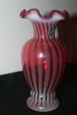 Rare Fenton Red Cranberry Opalescent Striped Optic Vase - Double Stamped & Signed
