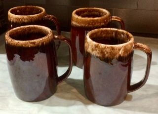 Vintage Hull Brown Drip Pottery Oven Proof Coffee Mugs Beer Stein 5” Tall 16oz