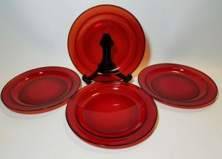 Arcoroc France Ruby Red Glass 9 - 1/2 " Rim Dinner Plates Set Of 4 Classique