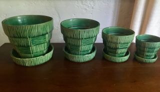 Mccoy Pottery Planter Pot Saucer Basket Weave Pattern Green Full Set Of 4