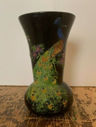 Vintage Black Amethyst Glass Vase With Hand Painted Peacock