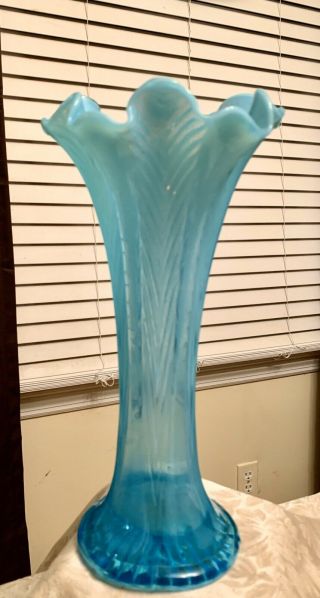 Vintage Fenton? Glass Blue Aqua And Opaline Ribbed & Ruffled Vase 10” H