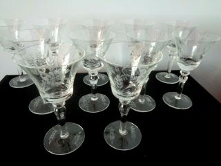 Set Of 11 Rare Vintage Etched Crystal Glass Etched Flower Pattern Goblets