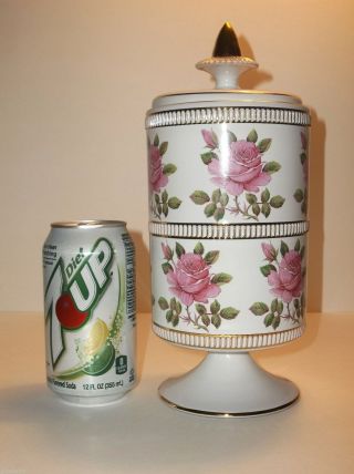 Vintage Italian Pottery APOTHECARY Jar PINK ROSES Gold Gilt 10.  5 