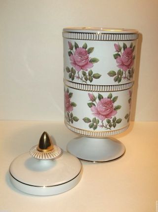 Vintage Italian Pottery APOTHECARY Jar PINK ROSES Gold Gilt 10.  5 