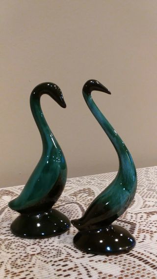 Vintage Blue Mountain Pottery 6 Inch Green Drip Glaze Swan Figurines.