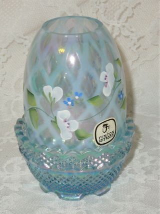 Fenton Opalescent Blue Carnival Diamond Optic Fairy Lamp Candle Holder